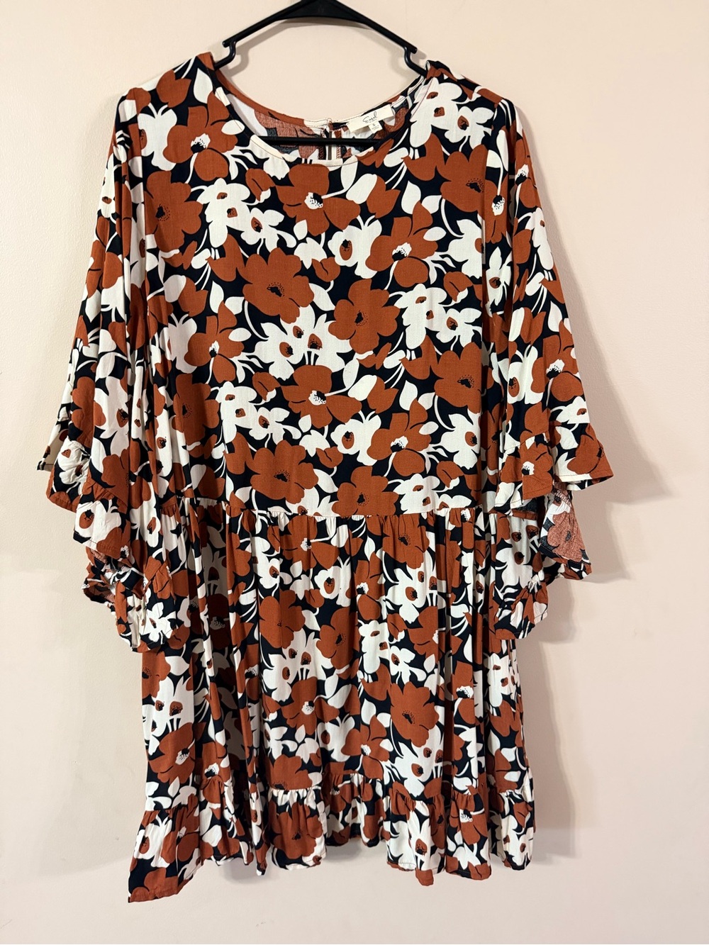 easel Rust & Ivory Floral Tiered Flared -Sleeve Dress Size Small